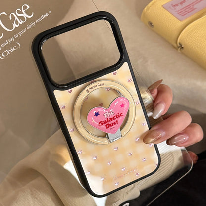 【マグネット式折りたたみハートスタンド付き】イエローチェック ×ピンクハートリング スマホケース｜iPhone対応 #240704