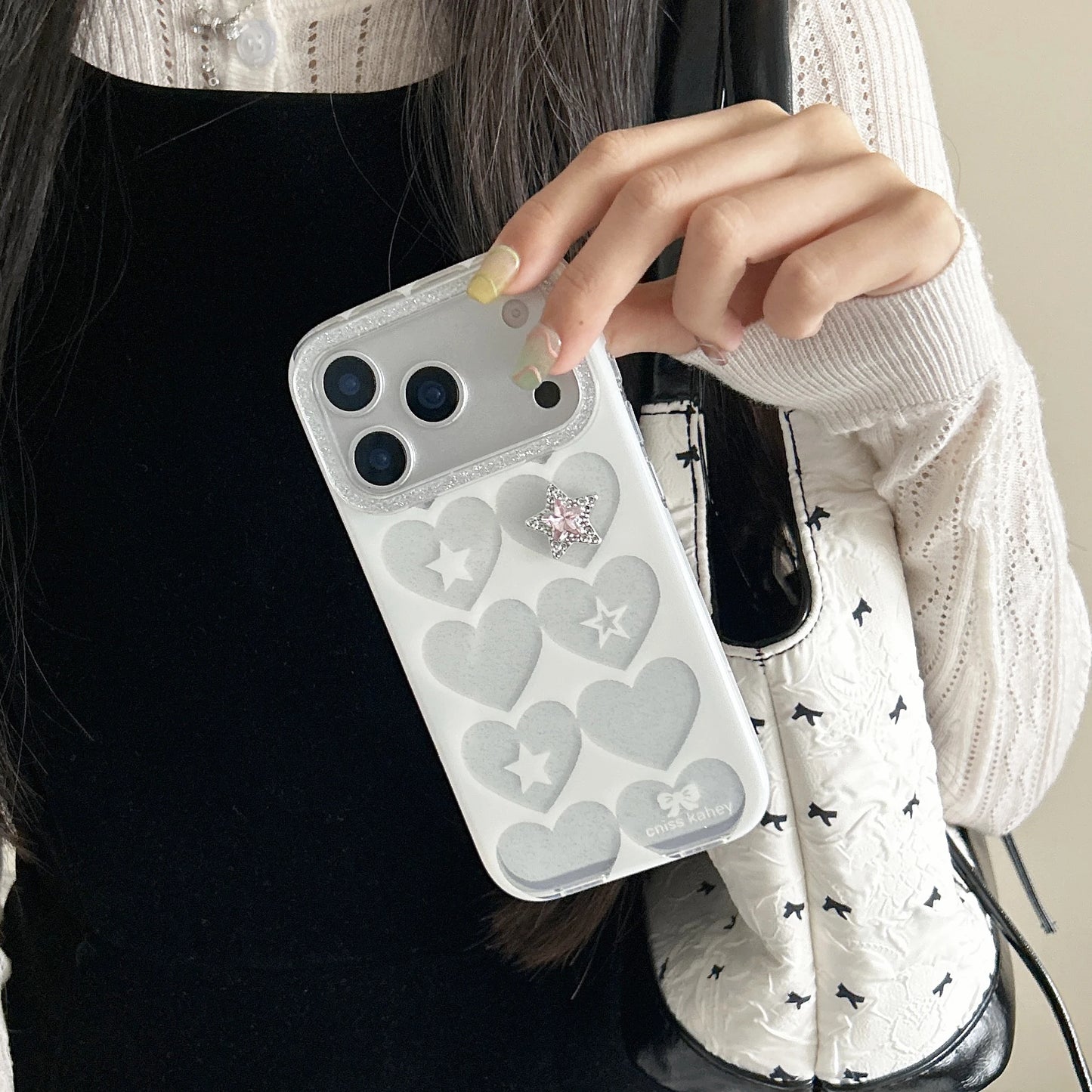 ハートグリッター iPhoneケース｜スタービジューアクセント #240312