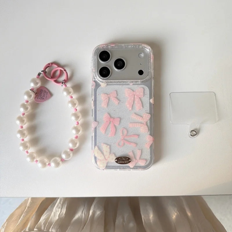 【リボンモチーフ】 クリア iPhoneケース 水玉模様 蝶結び付き ソフトシェル｜パールストラップ・淡色デザイン #230907