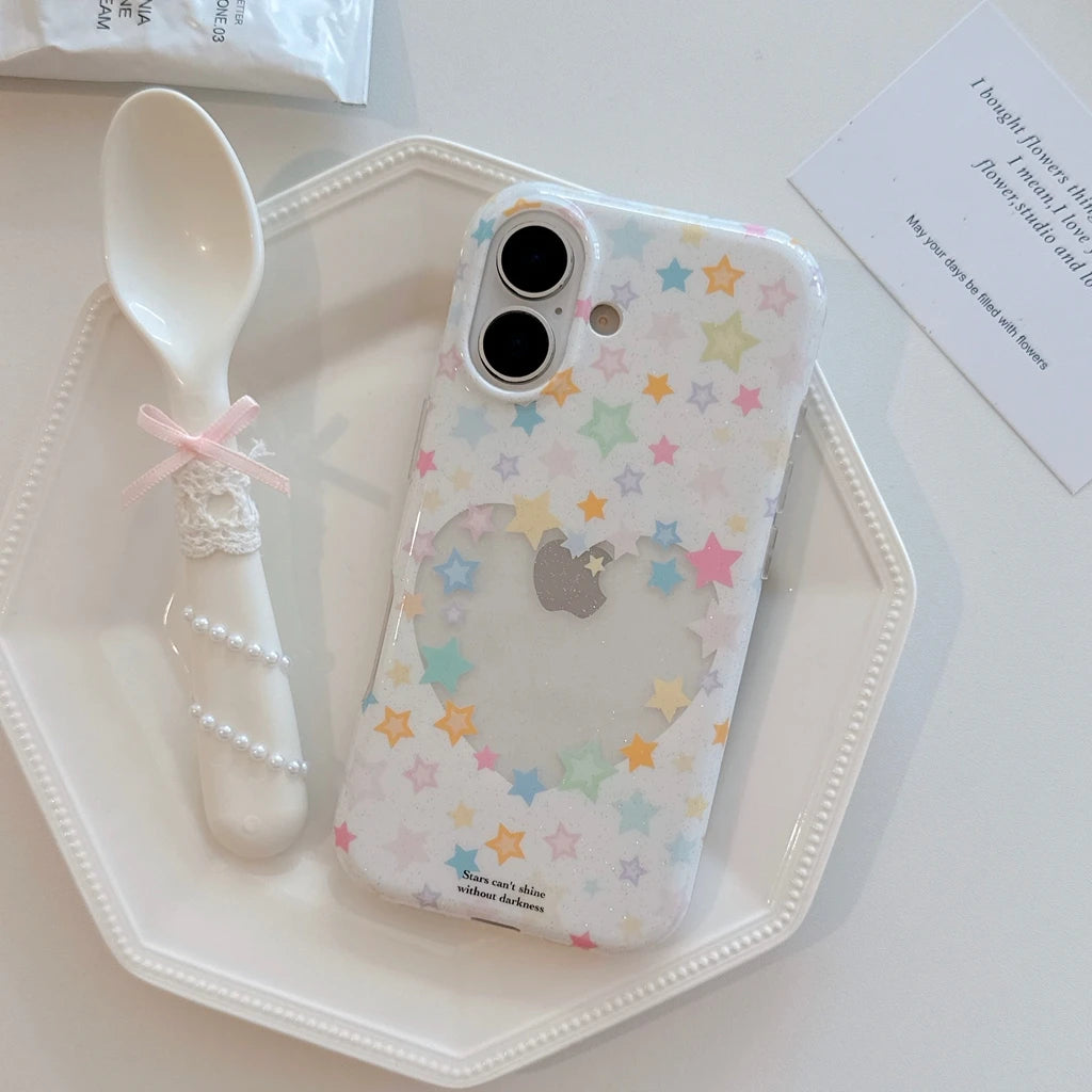 パステル カラフルスター ハートくり抜き iPhoneケース｜韓国ガーリー・星柄 #230824