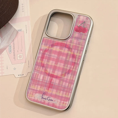 【Magnet対応】ピンクチェック スターチェリー × シルバーフレーム スマホケース｜iPhone対応 #240822