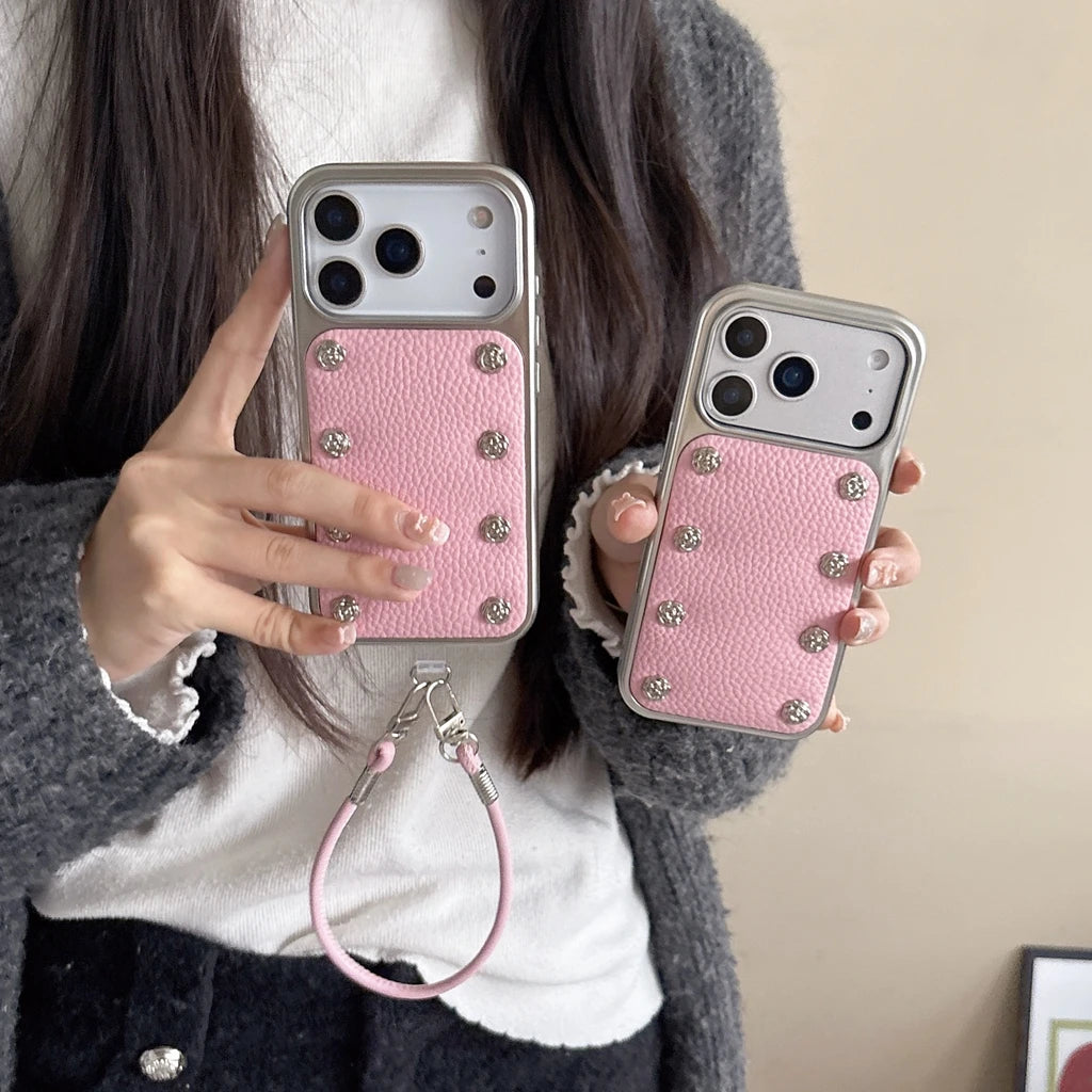【ローズスタッズ】シルバーフレーム ピンク レザー風 ストラップ付き ケース｜iPhone対応 #240924