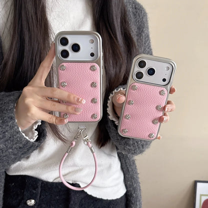【ローズスタッズ】シルバーフレーム ピンク レザー風 ストラップ付き ケース｜iPhone対応 #240924
