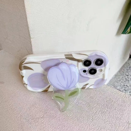 【チューリップ＆くま】ラベンダー配色のゆるかわクリアケース｜iPhone対応 #250524