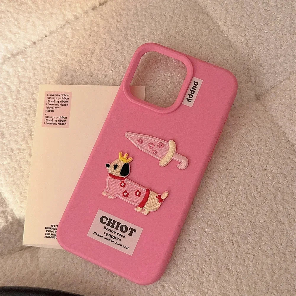 【ピンクパピークラウン】刺繍Dog 犬 × アンブレラ スマホケース｜iPhone対応 #250204