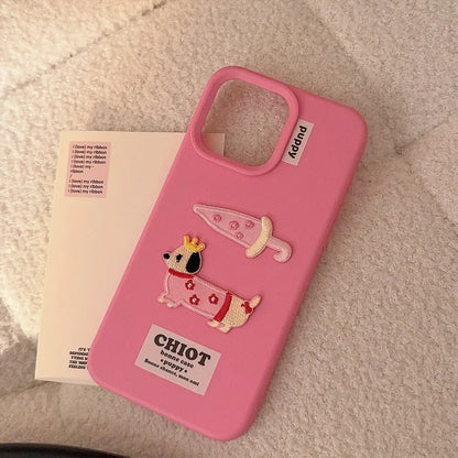 【ピンクパピークラウン】刺繍Dog 犬 × アンブレラ スマホケース｜iPhone対応 #250204