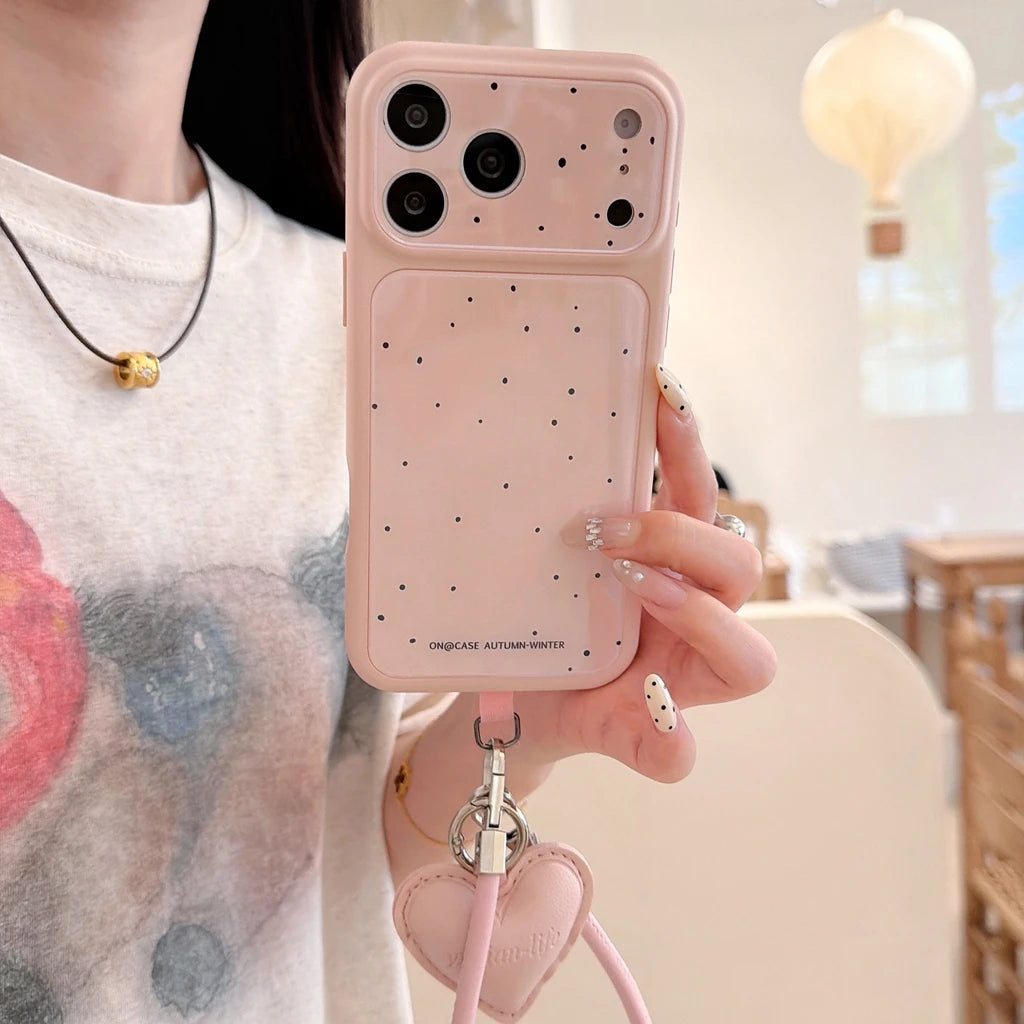 ドット柄 ハートチャームストラップ付き iPhoneケース｜淡色パステル #260049