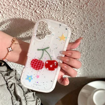 【フルーツシリーズ】赤チェック＆星柄チェリー ポップデザイン クリアスマホケース｜iPhone対応 #251008