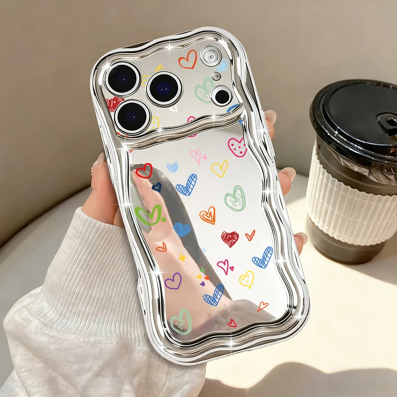 ウェーブフレーム カラフルハート ミラー調 韓国 ポップかわいい｜iPhoneケース #260509