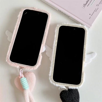 【もこもこエンジェル】ハート × 羽モチーフ ふわふわラブリーケース｜iPhone対応 #240910