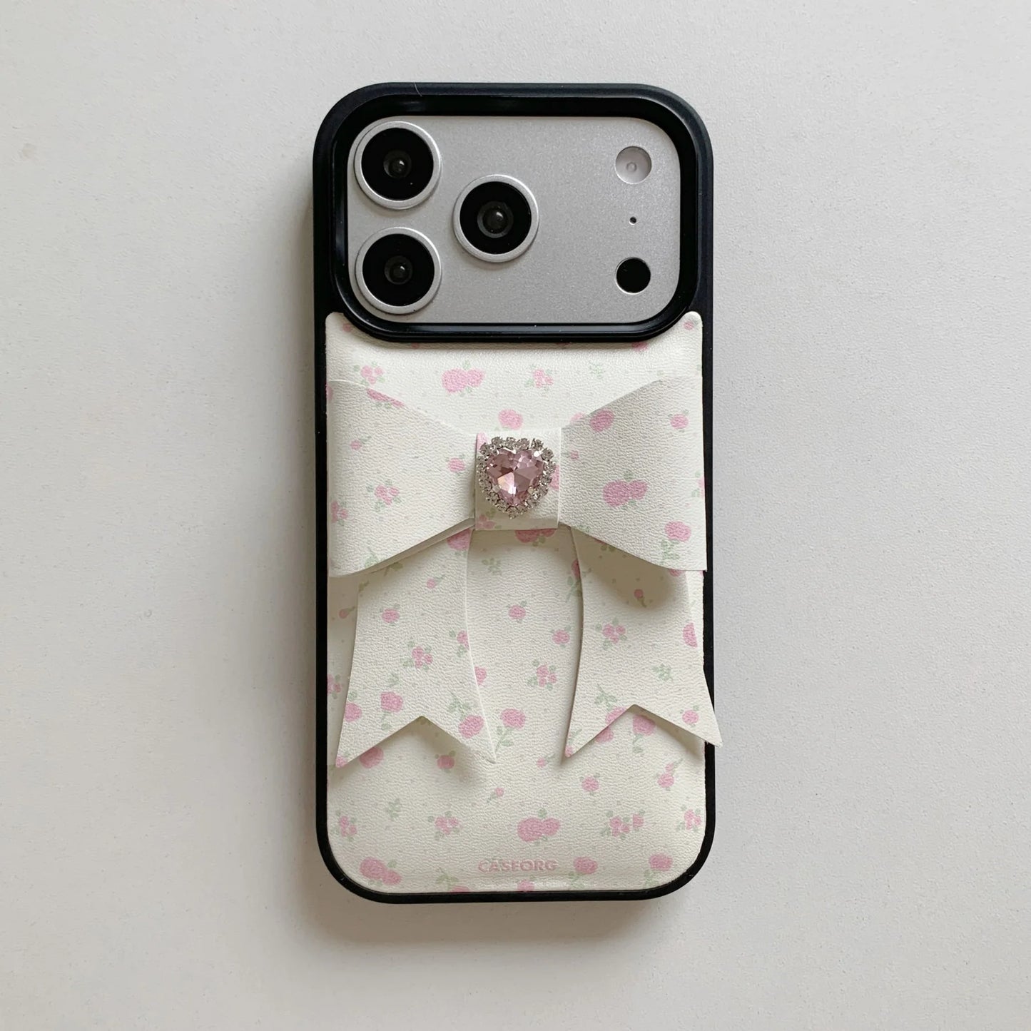 【立体リボン】ハートビジュー フラワー ソフトレザー調 小花柄 iPhoneケース #260208