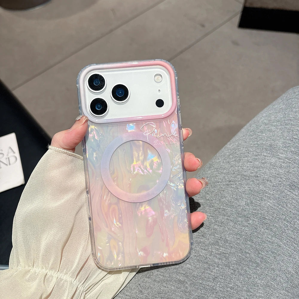 【Magsafe対応】大理石風 シェルグロウ オーロラパール スマホケース｜iPhone対応 #250127