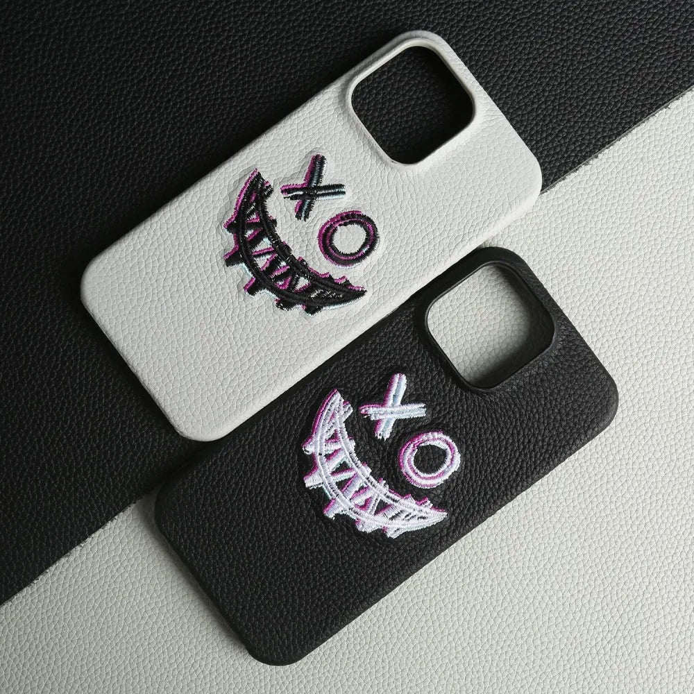 【本革シリーズ】艶なし シボ革 スマイル ステッチ レザーケース｜iPhone対応 #240901