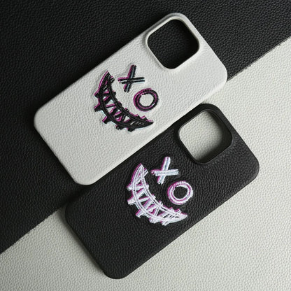 【本革シリーズ】艶なし シボ革 スマイル ステッチ レザーケース｜iPhone対応 #240901