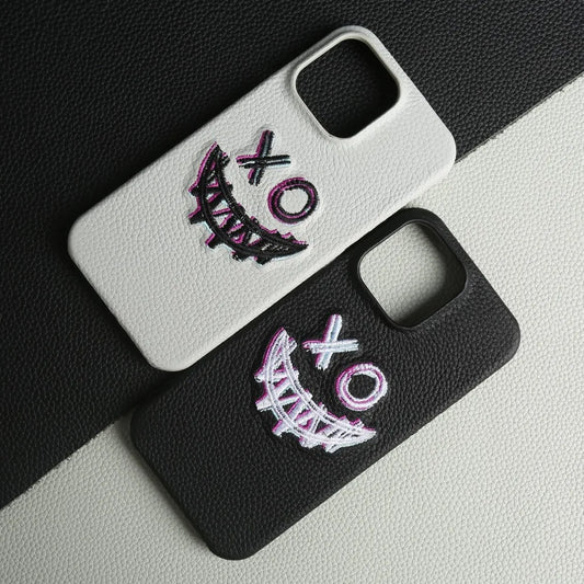 【本革シリーズ】艶なし シボ革 スマイル ステッチ レザーケース｜iPhone対応 #240901