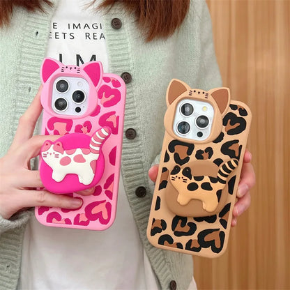【アニマルシリーズ】レオパード柄＆立体ネコデザイン スマホケース｜iPhone対応 #250930