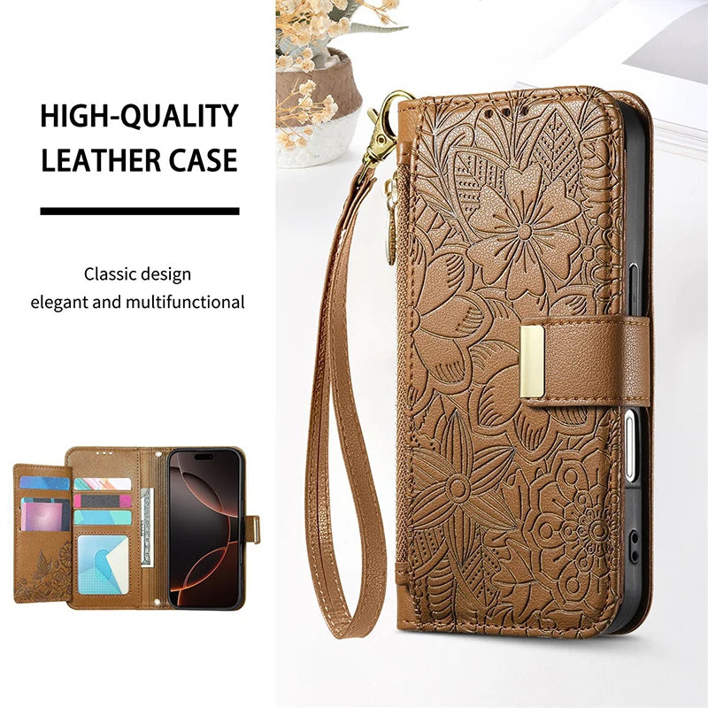 【ブックスタイル】フラワー型押し レザー調  手帳型 iPhoneケース｜財布一体型・ショルダー対応 #240123