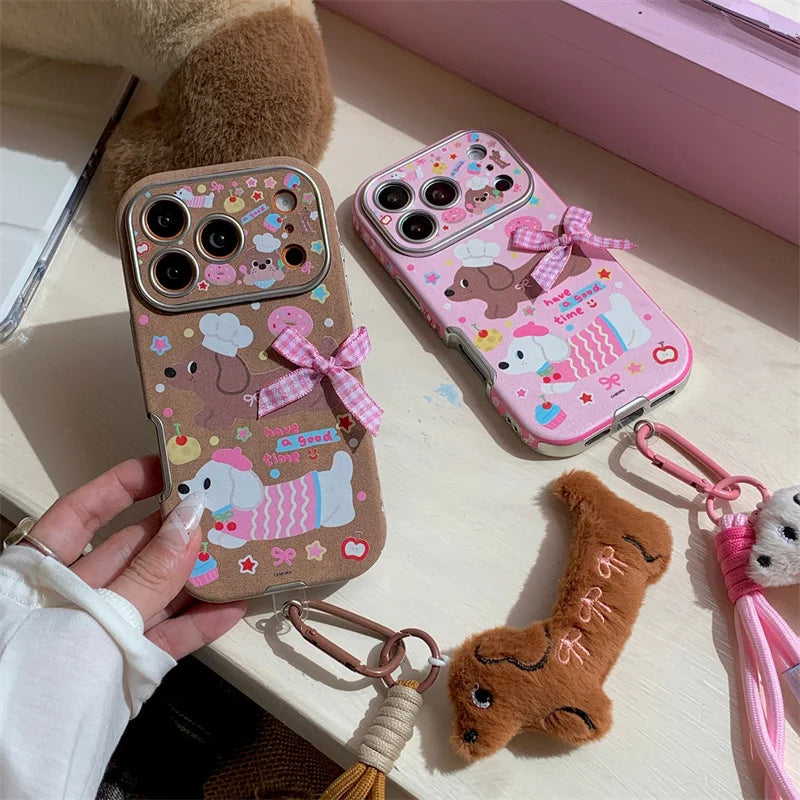 【スウィートダックス】チェックリボン×ドッグデザイン  ストラップ付き スマホケース｜iPhone対応 #241228