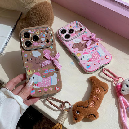 【スウィートダックス】チェックリボン×ドッグデザイン  ストラップ付き スマホケース｜iPhone対応 #241228