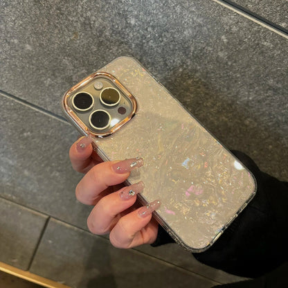 【大理石風】上品パール調 ホワイトシェル クリア iPhoneケース 高級感 キラキラ おしゃれ 耐衝撃｜iPhone対応 #250405