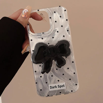 【ダークドット×立体リボンモチーフ】シルバー ホログラム iPhoneケース｜iPhone対応 #250528