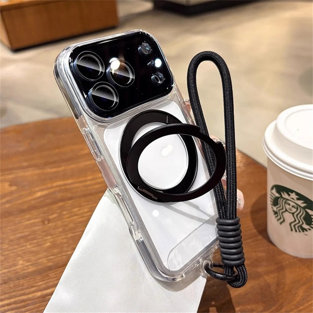 【折りたたみリングスタンド付き】クリア × カラーバンパー ストラップ付き スマホケース｜iPhone対応 #241218