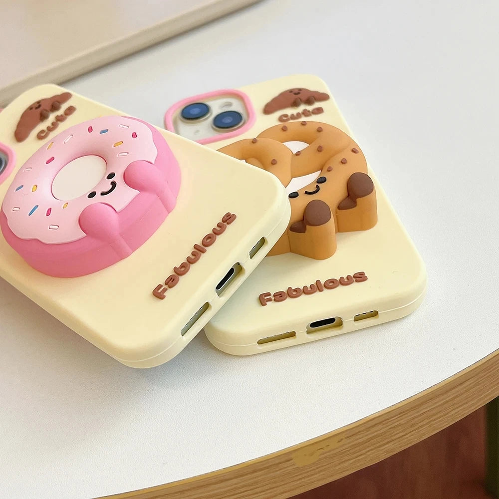 【ぷっくり3Dシリーズ】ドーナツ×プリン×プレッツェル 立体スイーツ ポップソケット スマホケース｜iPhone対応 #250212
