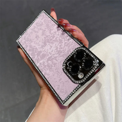 【スクエアシリーズ】大理石風 シェルパール キラキラビジュー スマホケース｜iPhone対応 #250817