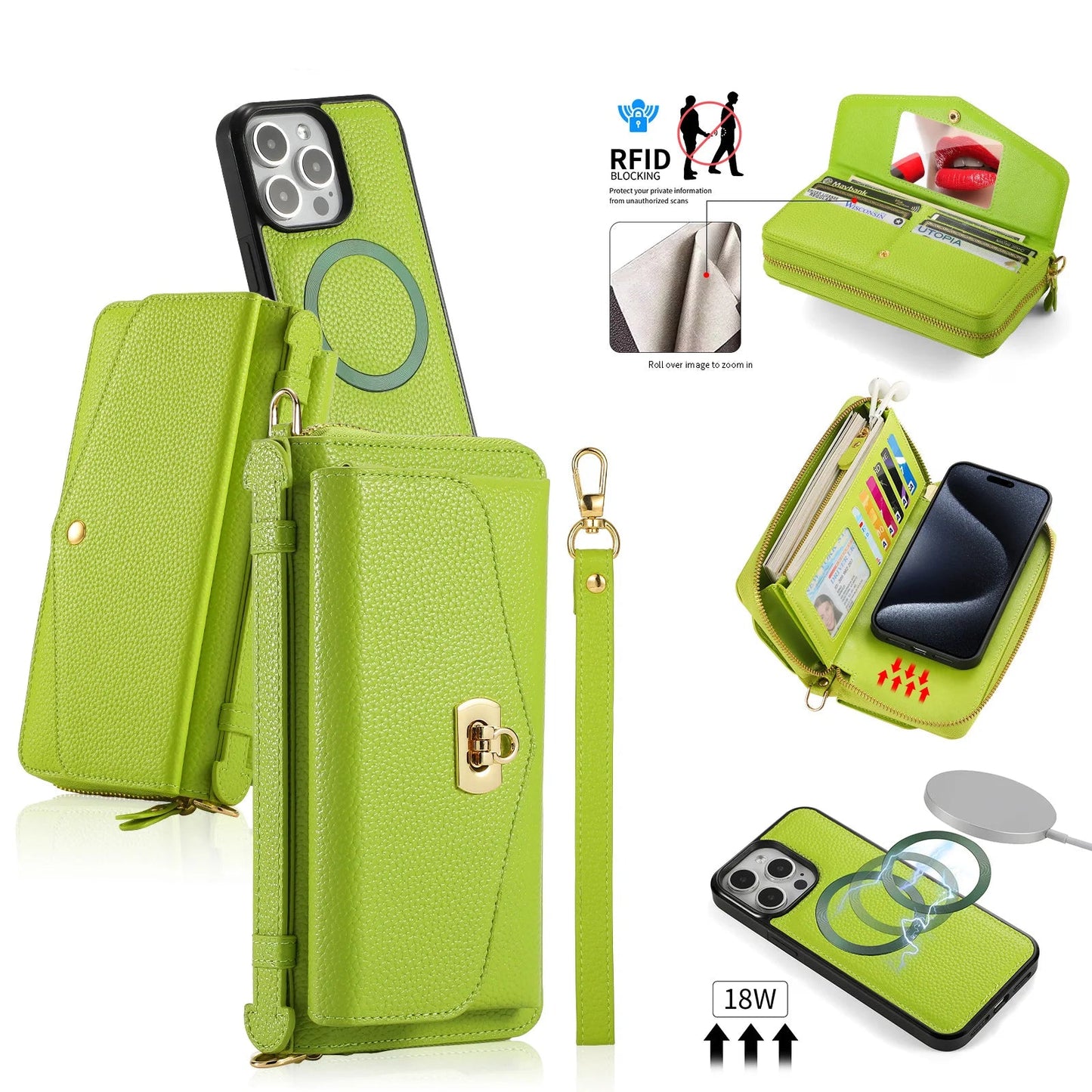 【ウォレットスタイル】財布一体型 分離式レザー調 ブックスタイル 手帳型 iPhoneケース｜ラウンドファスナー・ショルダー対応 #240204