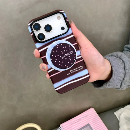 【Magnet内蔵】ボルドー マルチカラーストライプ ×ドット スター スタンド スマホケース｜iPhone対応 #241224