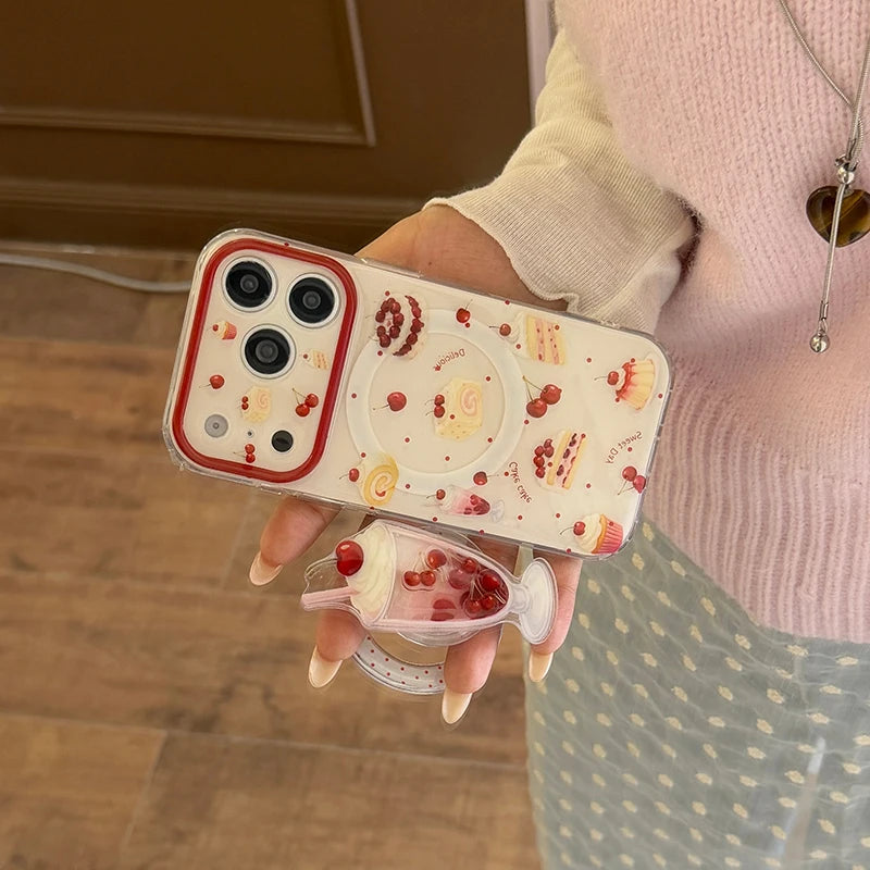 チェリーサンデー パフェ Magnet内蔵 グリップ付き クリア iPhoneケース #240119