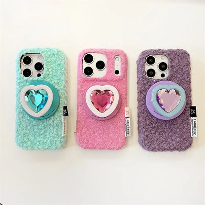 【Magnet内蔵】立体ハートジュエルポップソケット × もこもこファー スマホケース｜iPhone対応 #241214