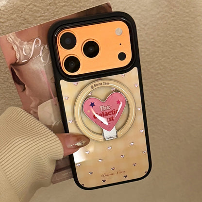 【マグネット式折りたたみハートスタンド付き】イエローチェック ×ピンクハートリング スマホケース｜iPhone対応 #240704