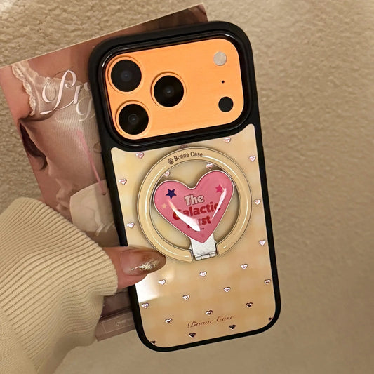 【マグネット式折りたたみハートスタンド付き】イエローチェック ×ピンクハートリング スマホケース｜iPhone対応 #240704