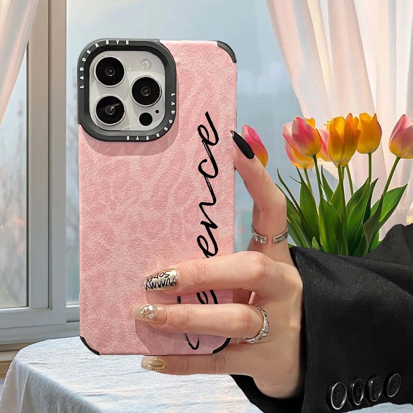 【カスタムシリーズ】ピンクレオパード ヒョウ柄 縦書き名入れ ソフトスマホケース｜iPhone対応 #240722