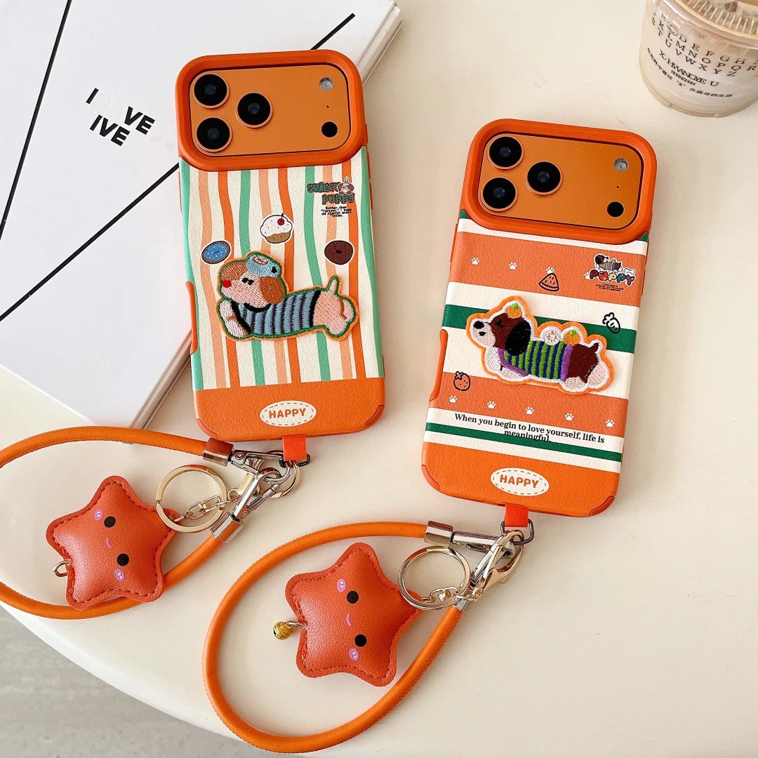 【アニマル刺繍】わんこワッペン × オレンジボーダー ストライプ スターチャーム付き スマホケース｜iPhone対応 #240911