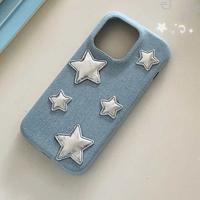 【スターシルバー】メタリック 星柄 × デニムスマホケース｜iPhone対応 #250129