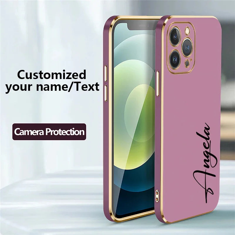 【カスタムNAMEシリーズ】ゴールドフレーム プレーンカラー 筆記体 名入れケース｜iPhone対応 #240819