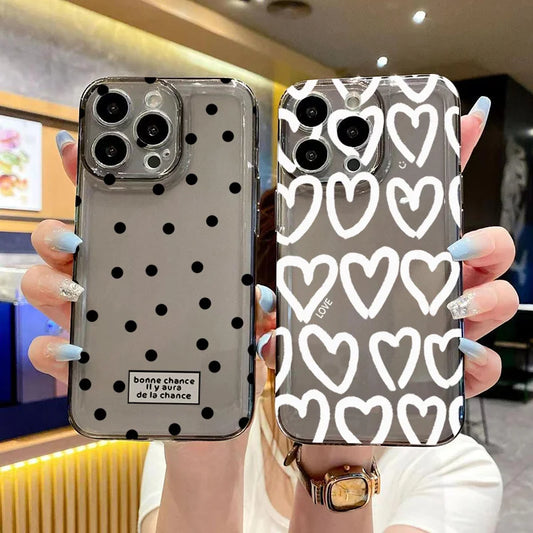 【ドット＆ハート】スモーキーモノトーンクリアケース｜iPhone対応 #250709