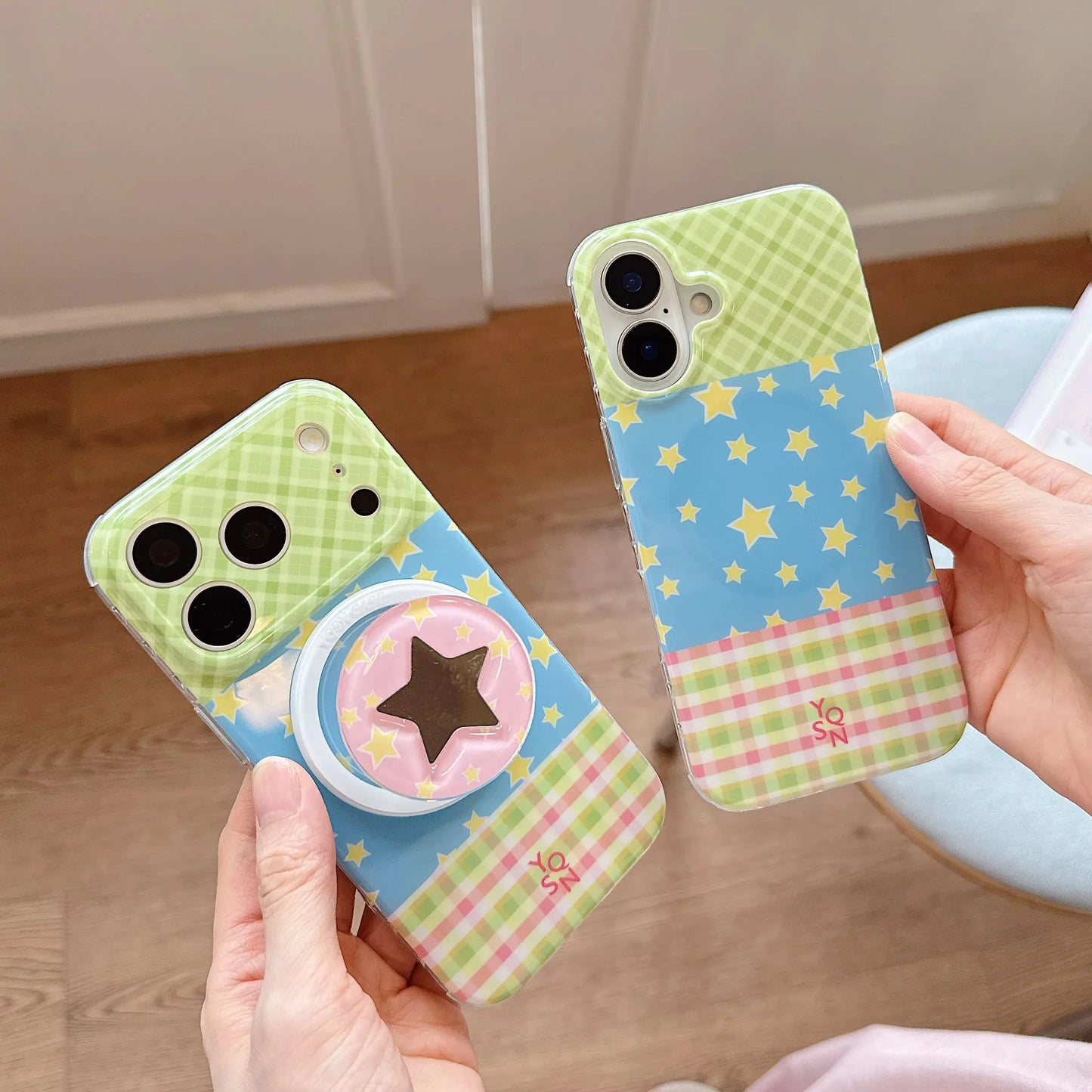 スターグリップ付き パステルチェック iPhoneケース｜ポップデザイン 星柄 スマホケース #260071