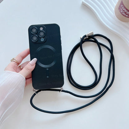 【Magnet内蔵】マットメタル ストラップ付きシンプルデザイン スマホケース｜iPhone対応 #251106