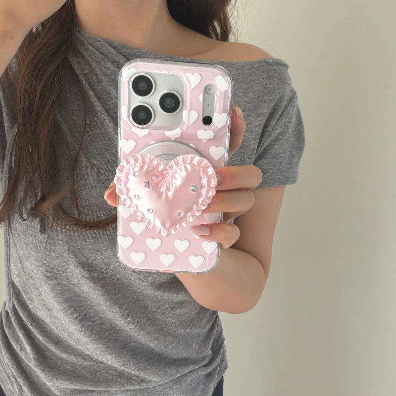 ちりばめハート フリルハート グリップ付き マグネット対応 iPhoneケース｜ガーリー・フェミニン風 #261017