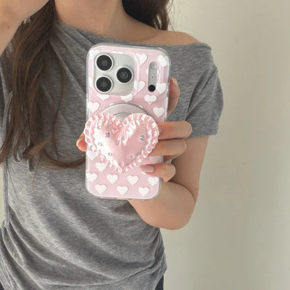 ちりばめハート フリルハート グリップ付き マグネット対応 iPhoneケース｜ガーリー・フェミニン風 #261017