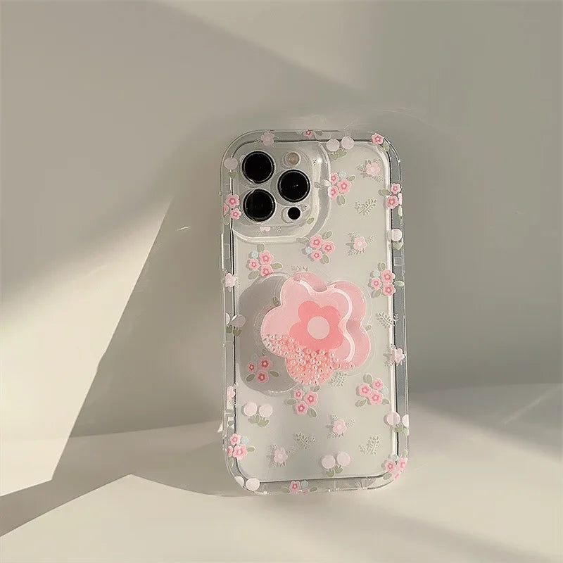 【クリアフラワーグリップ】立体フラワー付き 透明スマホケース｜iPhone対応
