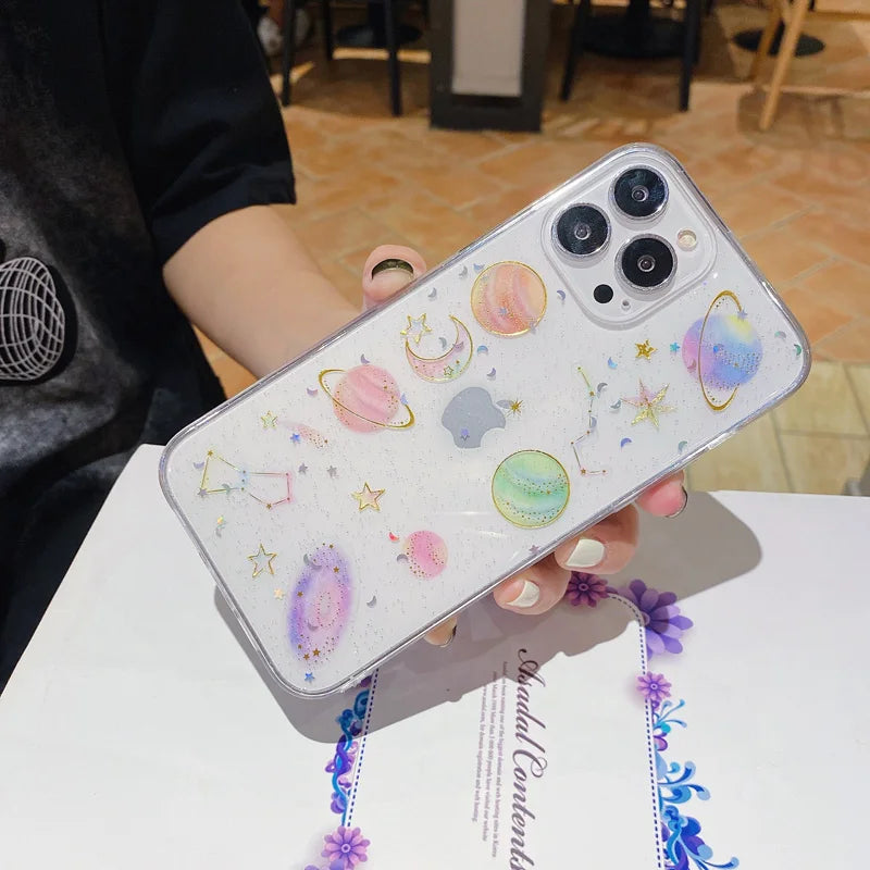 【グリッター 惑星 クリアスマホケース】星 月 ラメ｜iPhone対応 #250814