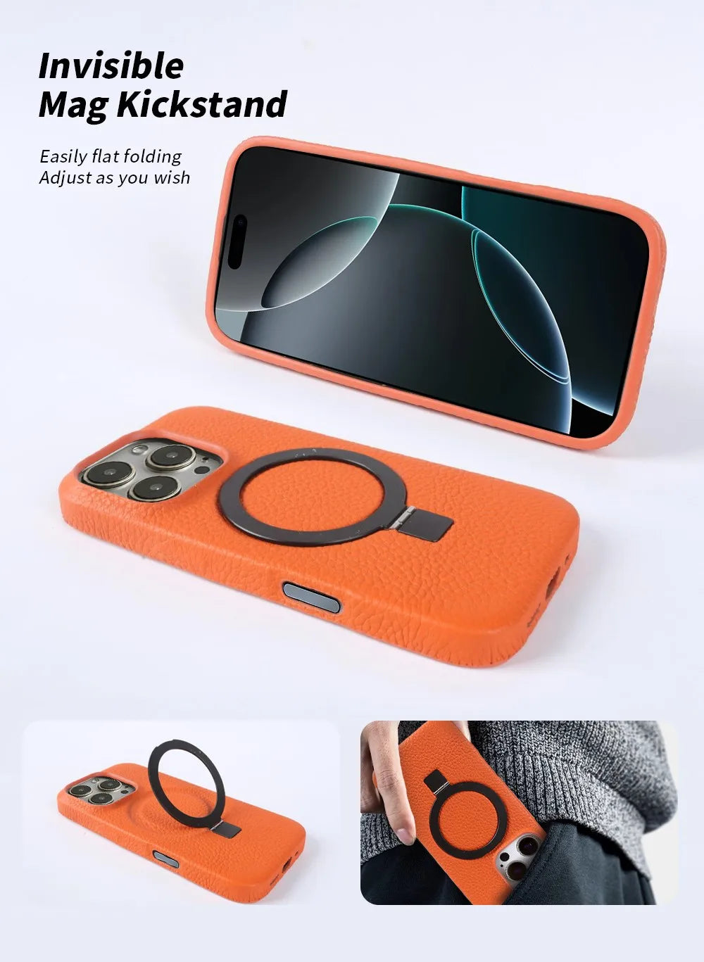 【本革シリーズ】折りたたみ スタンドリング付き レザースマホケース｜iPhone対応 #241013