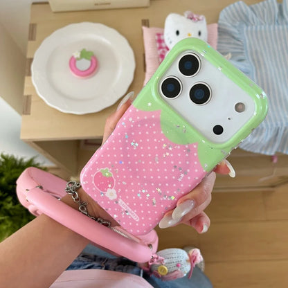 ストロベリードット ミラーグリップ付き iPhoneケース｜いちごイラスト・3Dフルーツグリップ #240429
