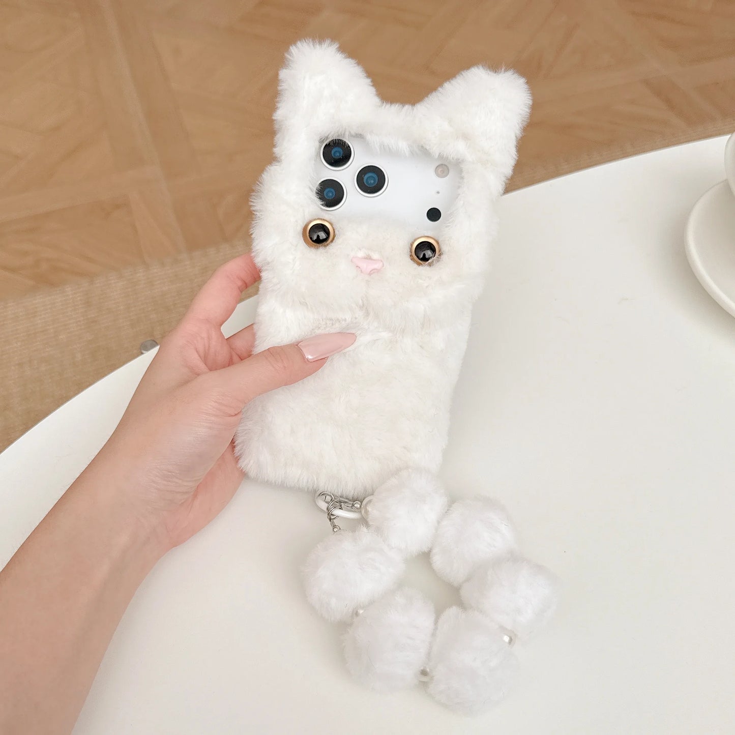 【キャットファーポンポン】ねこ耳 × ふわもこファー スマホケース｜iPhone対応 #250109