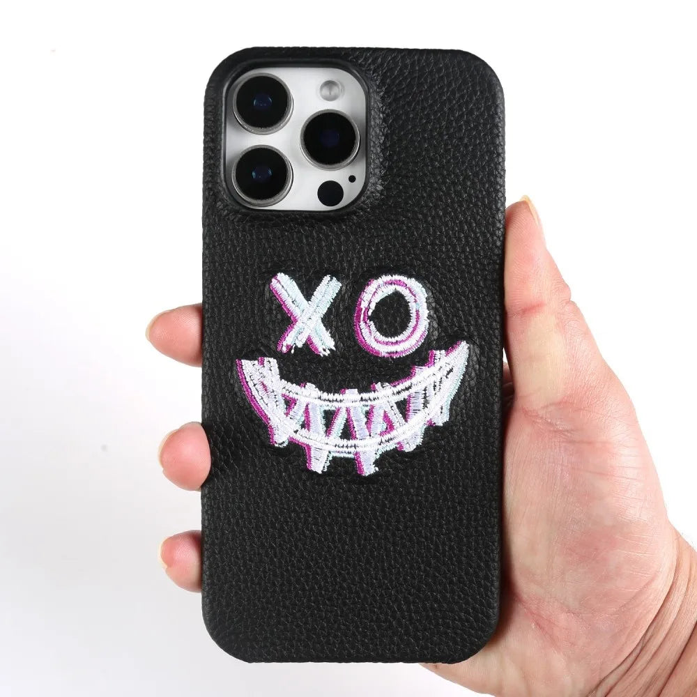 【本革シリーズ】艶なし シボ革 スマイル ステッチ レザーケース｜iPhone対応 #240901