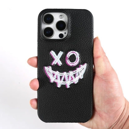 【本革シリーズ】艶なし シボ革 スマイル ステッチ レザーケース｜iPhone対応 #240901